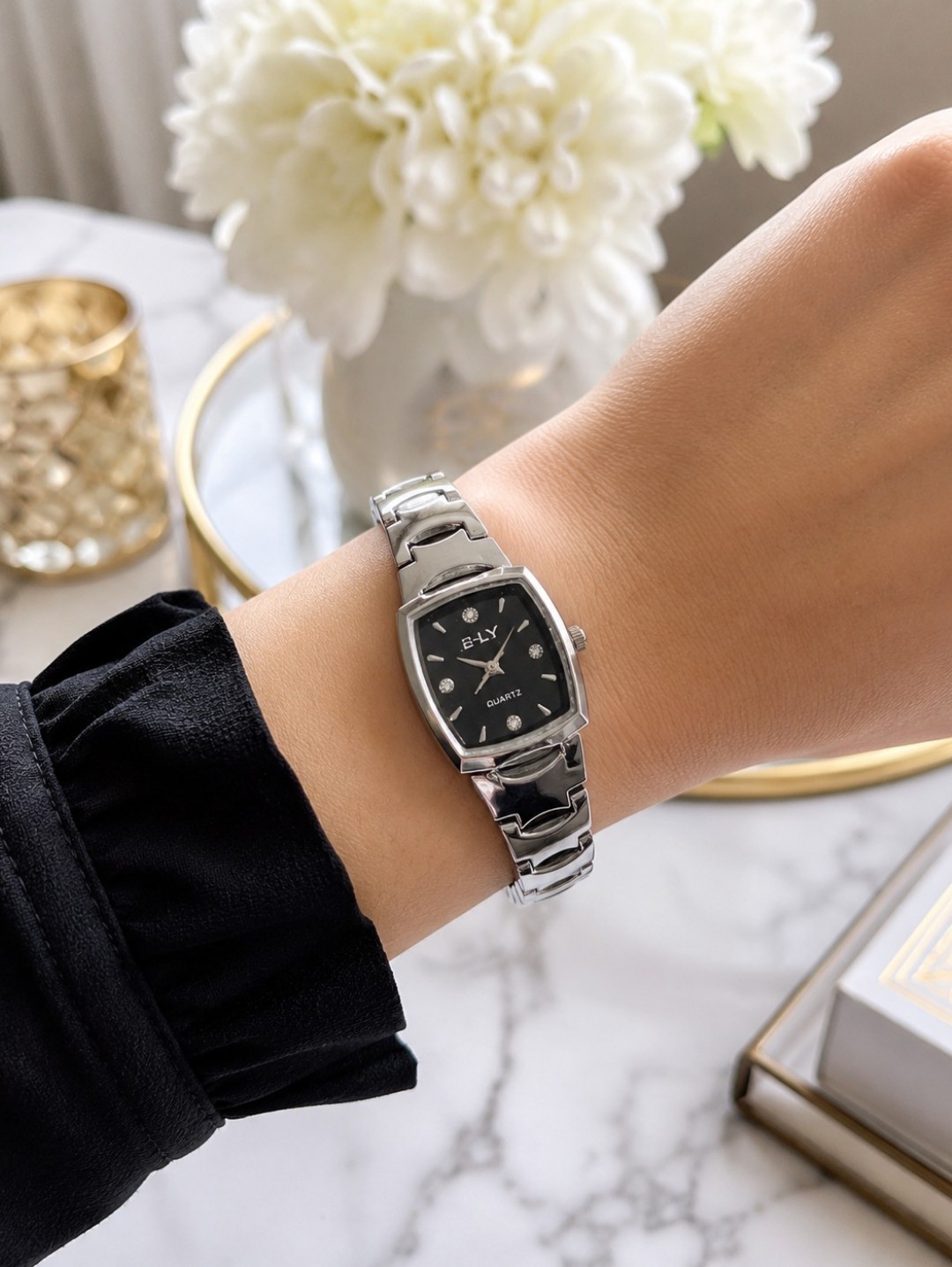 Ely Womens Quartz Watch Silver Tone Bracelet Black Square Dial Crystal Accents